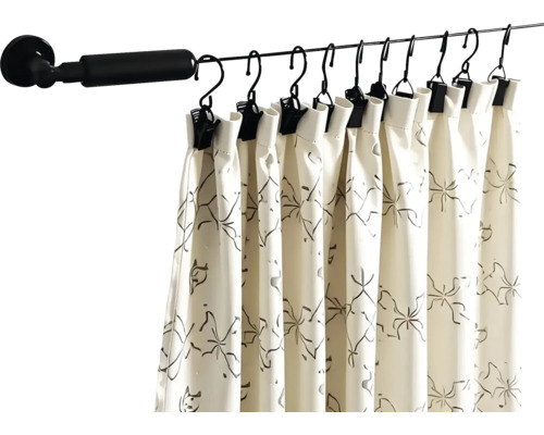 Kit de suspension par câble pour montage mural avec pinces et rideau à motifs.
