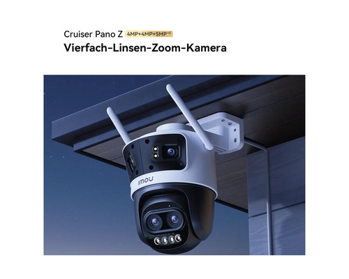 Caméra de surveillance Imou Cruiser Pano Z avec quatre objectifs et deux antennes, montée sous un avant-toit.