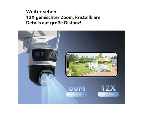 Caméra de surveillance Imou avec zoom mixte 12 fois et portée de détection de 60 mètres, affichage du zoom sur un smartphone.