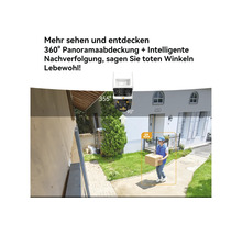 Caméra de surveillance extérieure avec panorama à 360 degrés, suivi intelligent, rotation horizontale de 355 degrés et verticale de 90 degrés.
