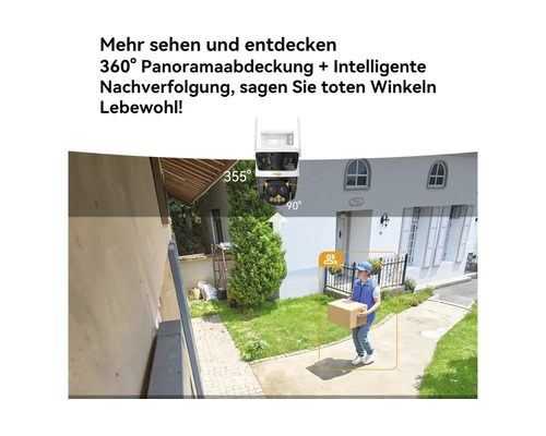 Caméra de surveillance extérieure avec panorama à 360 degrés, suivi intelligent, rotation horizontale de 355 degrés et verticale de 90 degrés.
