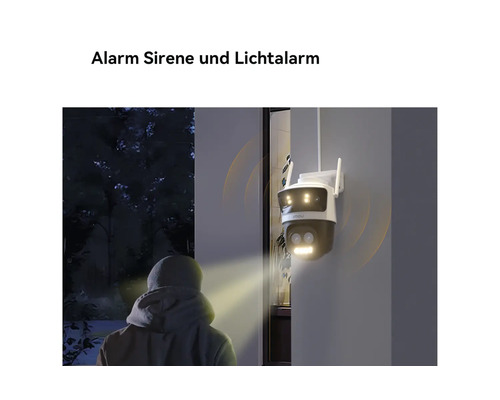 Caméra de surveillance avec sirène d'alarme et alarme lumineuse détectant une personne la nuit.
