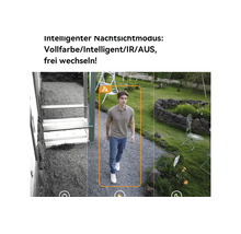 Comparaison des modes de vision nocturne infrarouge et en couleur pour une caméra de surveillance avec détection de personnes dans un jardin organisé.