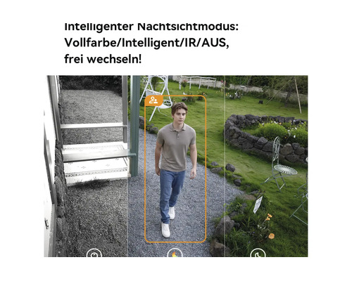 Comparaison des modes de vision nocturne infrarouge et en couleur pour une caméra de surveillance avec détection de personnes dans un jardin organisé.