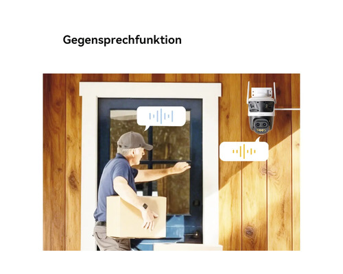 Caméra de surveillance extérieure avec fonction d'interphone montrant la communication avec un livreur devant la porte.