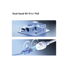 Illustration du Wi-Fi 6 double bande et Power over Ethernet pour caméra de surveillance avec une maquette de maison et un câble.