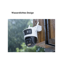 Caméra de surveillance extérieure étanche avec Imou Logo, montée sur une poutre en bois sous la pluie.