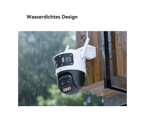 Caméra de surveillance extérieure étanche avec Imou Logo, montée sur une poutre en bois sous la pluie.