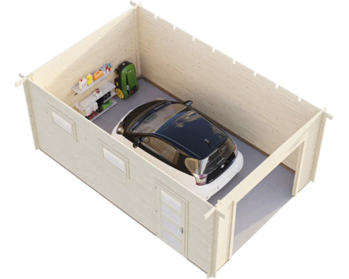 Draufsicht einer Holzgarage mit Auto, Rasenmäher und Regal. Struktur aus Holz, geräumiger und organisierter Innenraum für Fahrzeug und Lagerung.