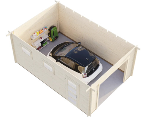 Innenansicht einer Holzgarage mit Auto, Regal und Rasenmäherroboter.