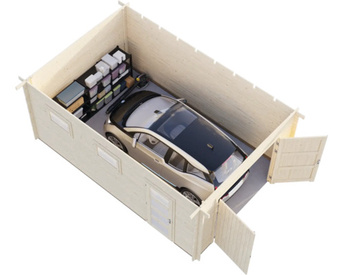 Innenansicht einer geräumigen Holzgarage mit einem Auto und einem Lagerregal mit Boxen, die eine organisierte Aufbewahrung zeigt.