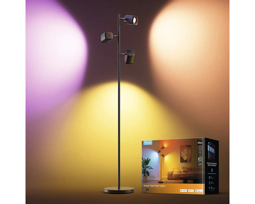 Lampadaire Govee Tree avec trois têtes LED réglables et projection lumineuse, avec emballage du produit.