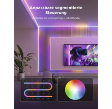 Rubans LED dans un salon avec commande segmentée personnalisable pour des effets lumineux au plafond, sur les murs et le téléviseur.
