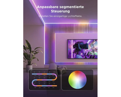 Rubans LED dans un salon avec commande segmentée personnalisable pour des effets lumineux au plafond, sur les murs et le téléviseur.