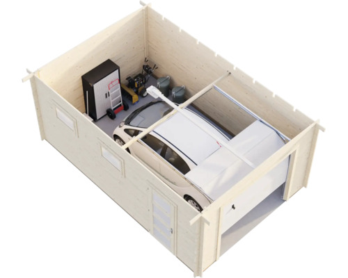 Innenansicht einer Holzgarage mit einem Auto, einem Werkzeugschrank, einer Schneefräse und einer Sackkarre.