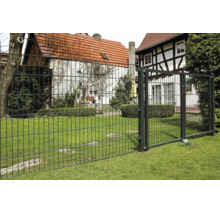 Clôture à double fil anthracite et portillon en métal dans un jardin lumineux et entretenu sur une pelouse.