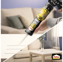 Application de la colle de fixation Pattex Kleben statt Bohren avec un pistolet à cartouche sur une surface claire dans un salon.