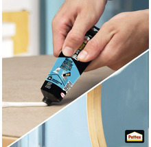 Application de colle de montage Pattex à partir d'un tube sur une surface. Pattex Logo.