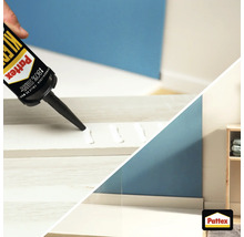 Application de la colle de montage Pattex sur une plinthe. Vue de la piece avec une plinthe montee au mur. Pattex Logo.