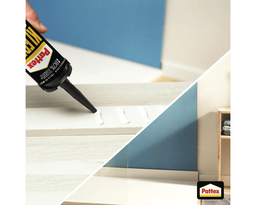 Application de la colle de montage Pattex sur une plinthe. Vue de la piece avec une plinthe montee au mur. Pattex Logo.