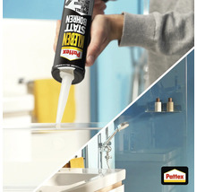 Application de la colle de montage Pattex sur une étagère en verre et résultat final dans une salle de bain lumineuse. Pattex Logo.