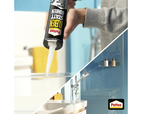 Application de la colle de montage Pattex sur une étagère en verre et résultat final dans une salle de bain lumineuse. Pattex Logo.