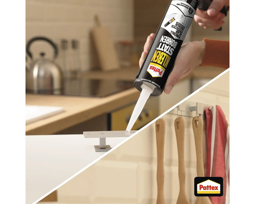 Application de la colle de montage Pattex sur une pièce métallique dans une cuisine lumineuse. Pattex Logo.