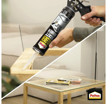 Montage d'un cadre en bois avec de la colle de fixation Pattex, avec une table d'appoint en bois terminée dessous. Pattex Logo.