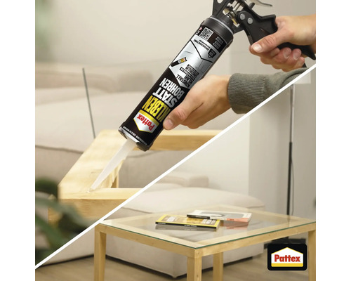 Montage d'un cadre en bois avec de la colle de fixation Pattex, avec une table d'appoint en bois terminée dessous. Pattex Logo.