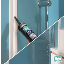 Application du silicone sanitaire Sista Bain dans un joint de salle de bains. Scène de salle de bains avec douche et lavabo. Logo Sista.