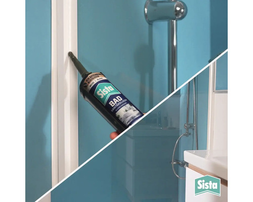 Application du silicone sanitaire Sista Bain dans un joint de salle de bains. Scène de salle de bains avec douche et lavabo. Logo Sista.