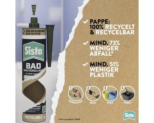 Silicone sanitaire Sista avec emballage en carton 100 pour cent recyclé, recyclable, moins de déchets et de plastique, instructions d'élimination.