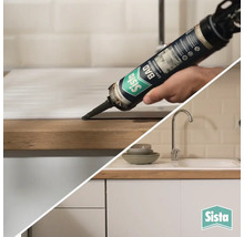 Silicone sanitaire Sista appliqué sur un plan de travail en bois près d'un évier dans une cuisine lumineuse. Logo Sista.