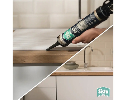 Silicone sanitaire Sista appliqué sur un plan de travail en bois près d'un évier dans une cuisine lumineuse. Logo Sista.