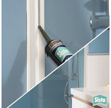 Application du mastic d'étanchéité Sista sur un joint mural dans une salle de bain avec lavabo et douche. Sista Logo.