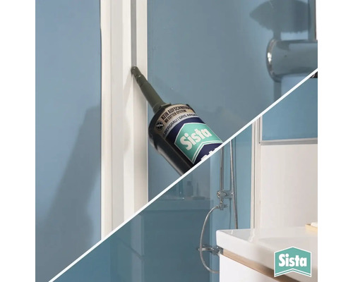 Application du mastic d'étanchéité Sista sur un joint mural dans une salle de bain avec lavabo et douche. Sista Logo.