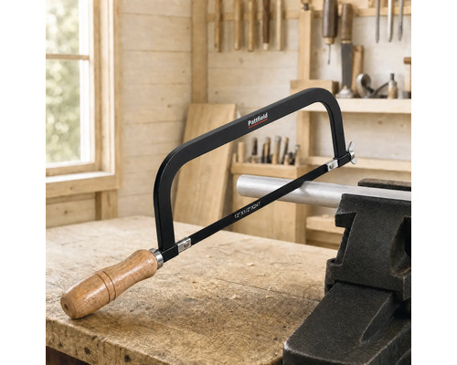 Pattfield Metallsäge mit Holzgriff beim Sägen eines in einem Schraubstock eingespannten Metallrohrs auf einer Werkbank in einer hellen Werkstatt.