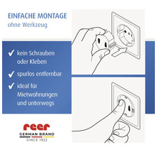 Illustration du montage sans outil d'une protection de prise reer : sans vis ni colle, amovible sans traces. Logo reer.