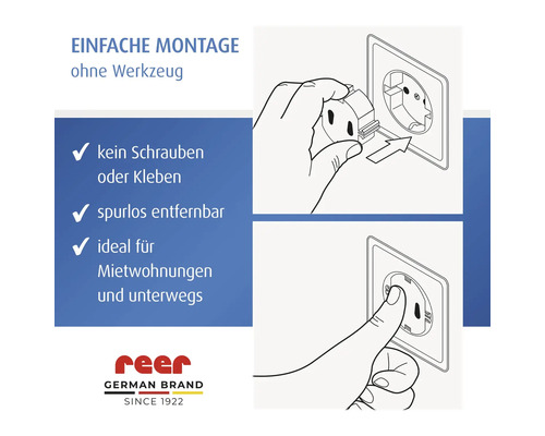 Illustration du montage sans outil d'une protection de prise reer : sans vis ni colle, amovible sans traces. Logo reer.