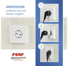 Protection enfant pour prises de courant avec instructions de retrait au moyen d une fiche en trois étapes et le Reer Logo.