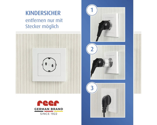 Protection enfant pour prises de courant avec instructions de retrait au moyen d une fiche en trois étapes et le Reer Logo.