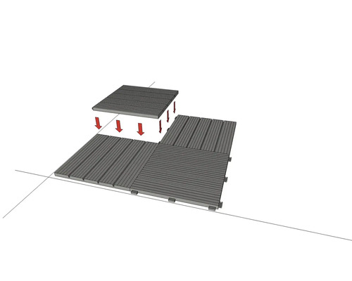 Illustration der Montage von quadratischen Bodenfliesen mit Klicksystem und Richtungspfeilen.