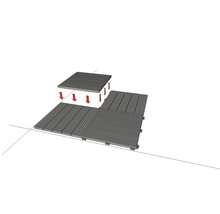 Illustration der Montage von quadratischen Bodenfliesen mit Klicksystem und Richtungspfeilen.