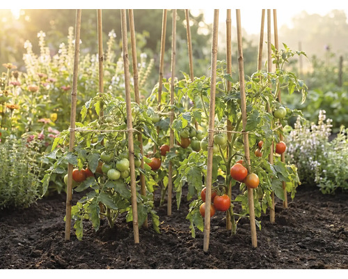 Plants de tomates avec des fruits mûrissants, soutenus par des tuteurs en bambou dans un potager ensoleillé avec terre sombre.