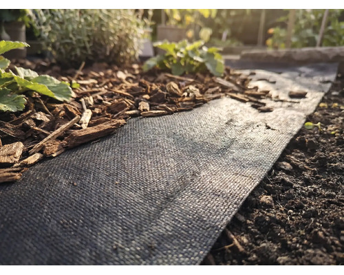 Toile de paillage noire dans un massif de jardin, partiellement recouverte d écorce de bois, à côté de terre et de petites plantes.