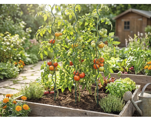 Plants de tomates dans un potager surélevé en bois, soutenus par des tuteurs en spirale en métal, entourés d'herbes dans un jardin lumineux.