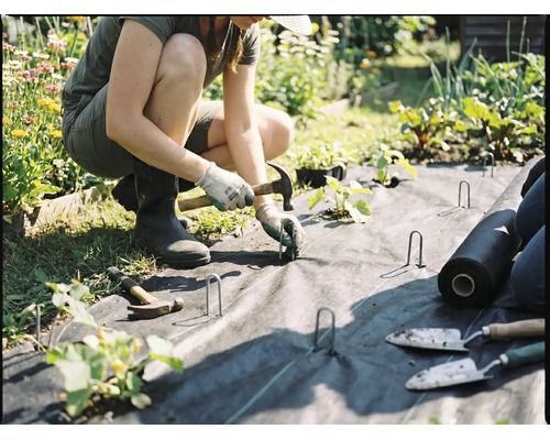 Une personne pose un feutre de jardinage et le fixe avec des piquets de fixation et un marteau.