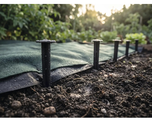 Piquets de fixation pour maintenir un feutre de jardinage dans le sol.