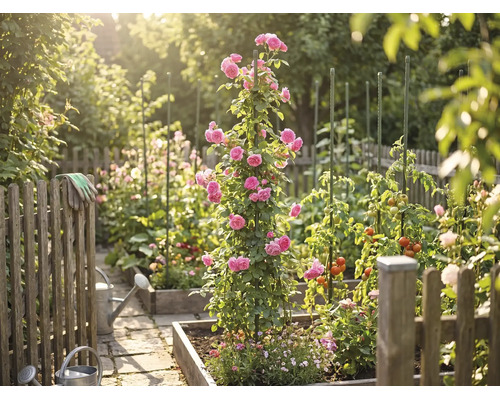 Potager lumineux avec des carrés potagers en bois, un rosier grimpant sur un tuteur, des plants de tomates, des arrosoirs et une clôture en bois.