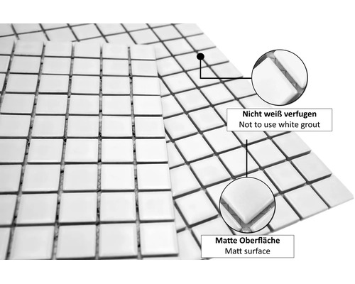 Quadratisches Mosaik mit matter Oberfläche und dem Hinweis, nicht weiß zu verfugen.
